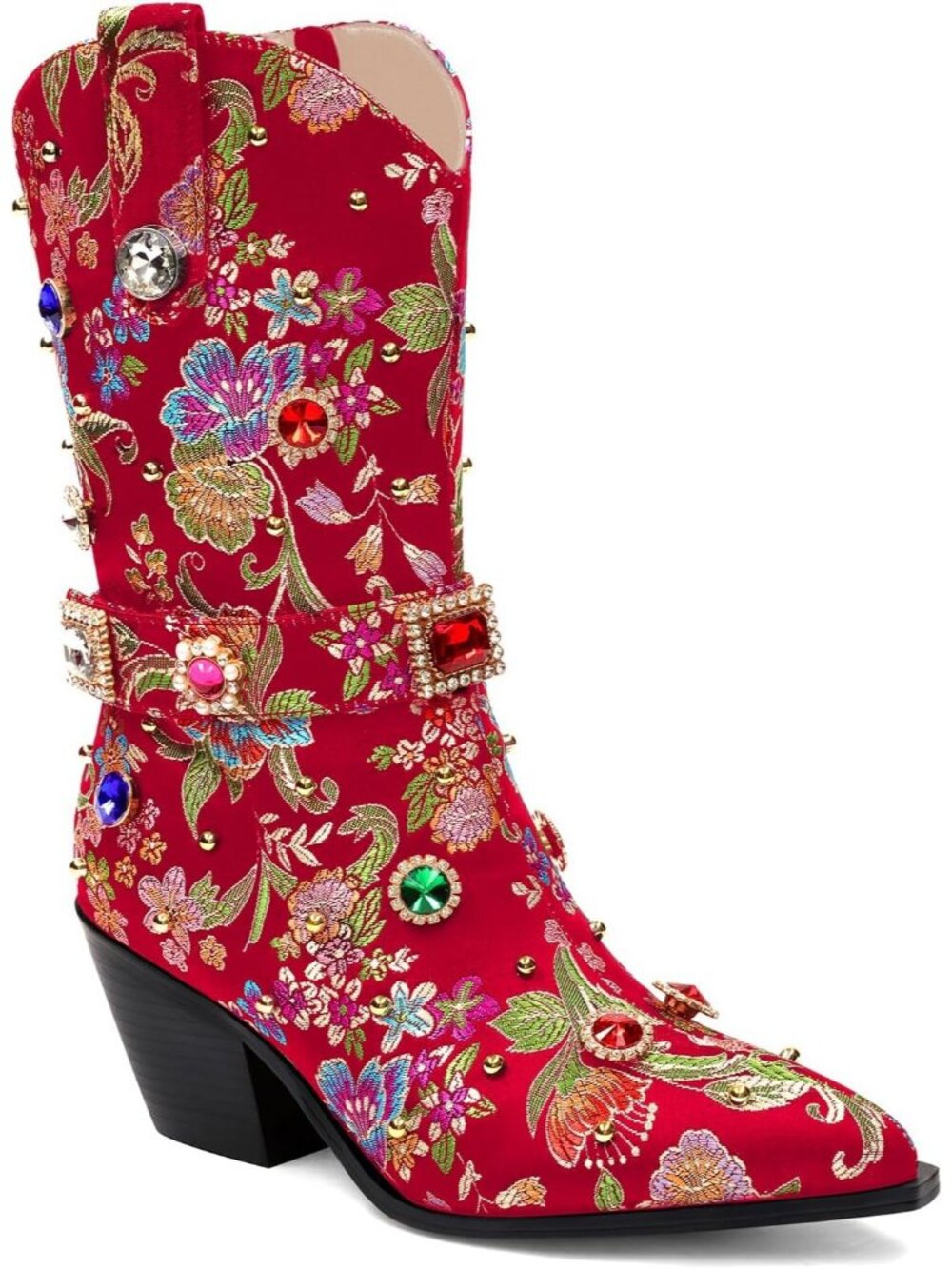 Women's Red Rhinestone Sparkly Cowgirl Diamond Floral Embroidery Mid Calf Boot